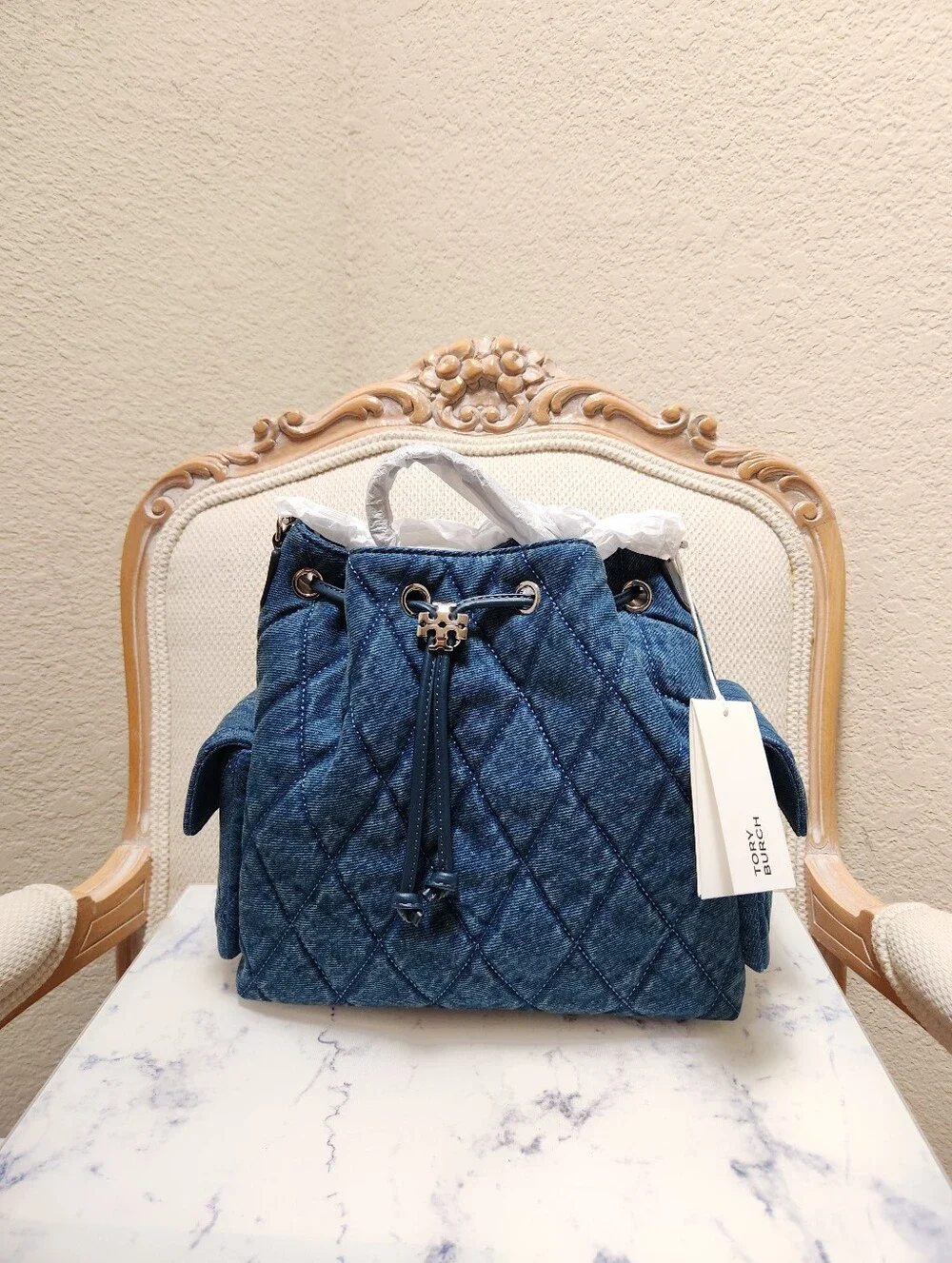 Tory Burch Charlie Quilted Denim Drawstring Shoulder Bag